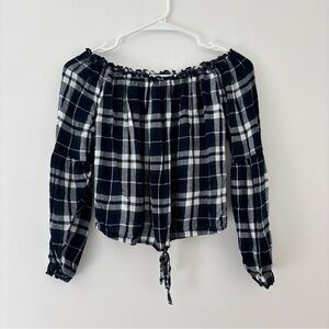 Hollister navy and white plaid off the shoulder blouse with tie detail
